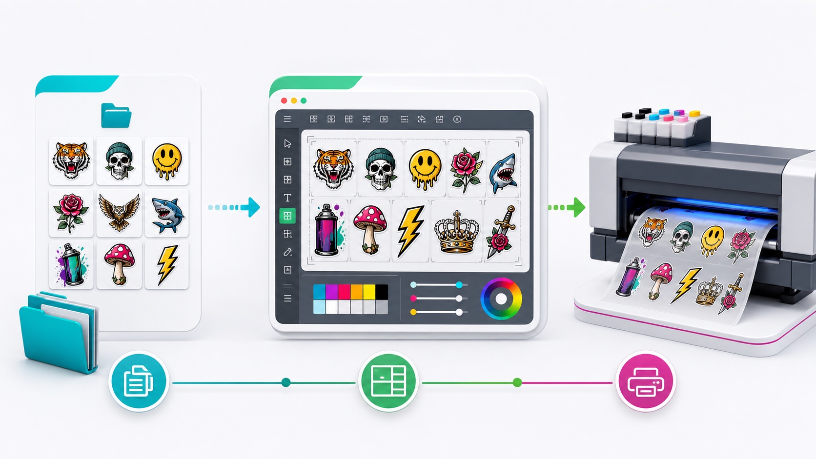 DTF workflow from artwork files to gang sheet layout to printer output